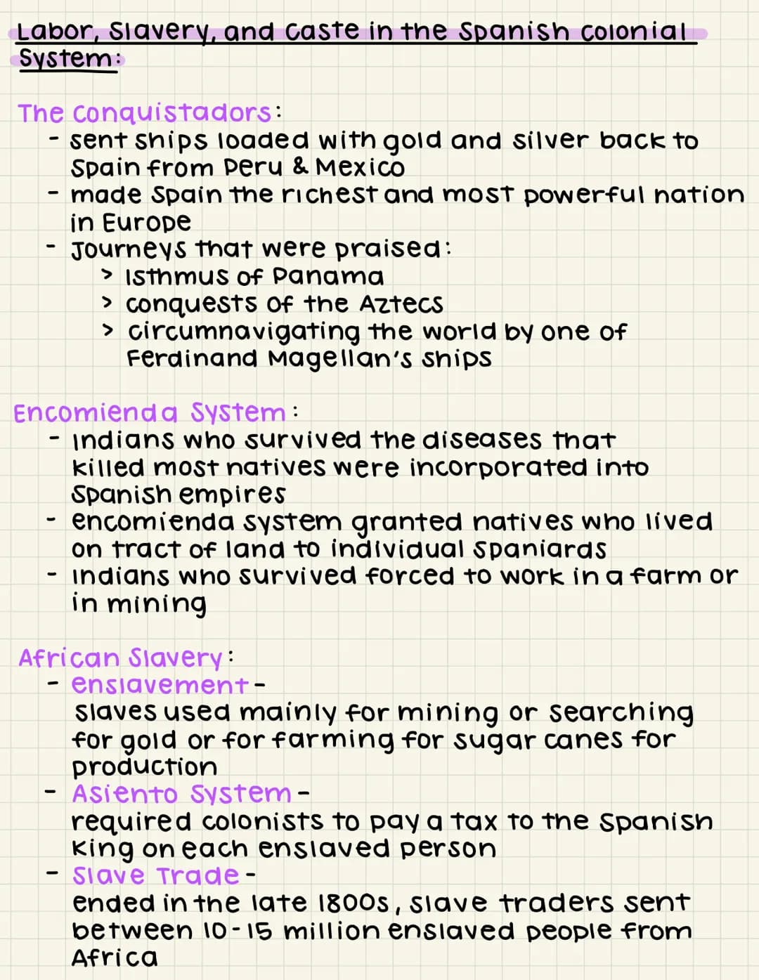 Labor, Slavery, and caste in the Spanish colonial
System:
The conquistadors:
-
- sent ships loaded with gold and silver back to
Spain from P