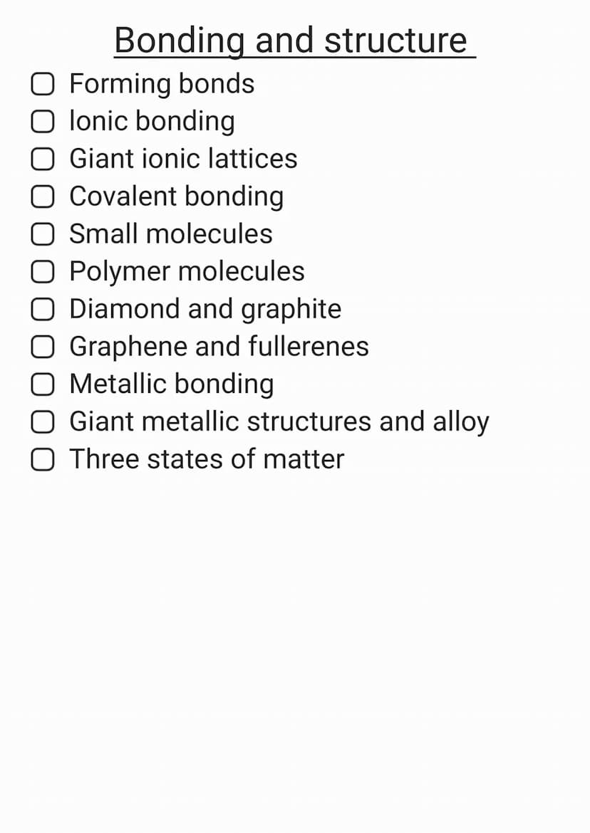Atomic structure
Elements, mixtures and
O Compounds
Filtration, crystallisation and
chromatography
O Distillation
Historical models of the a