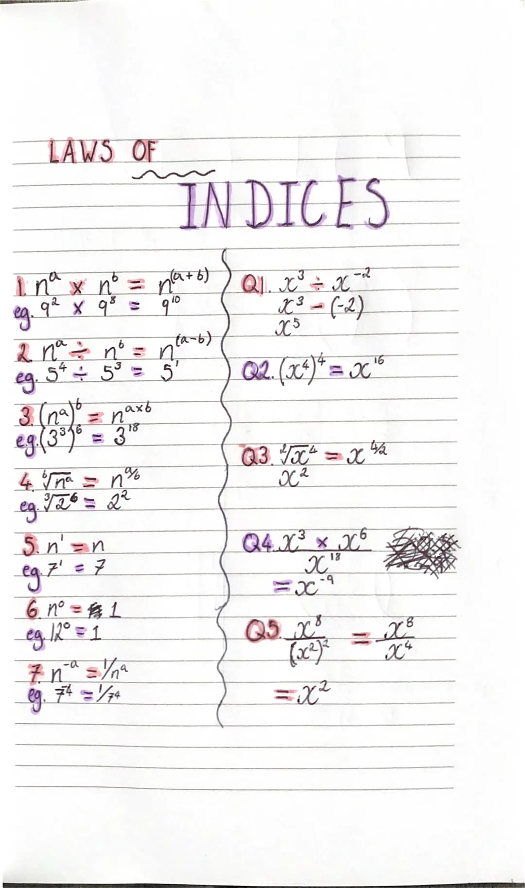 LAWS OF
-2
linª x n² = n(a+6)) Q1. JC²³² ÷ JC²
eg. 9² x 9³ =
910
X³ - (-2)
X5
2 n° = n²
54
5³
eg.
3. (na) ⁰ = naxb
eg. ( 3³% ⁰ = 3¹
18
4ý na