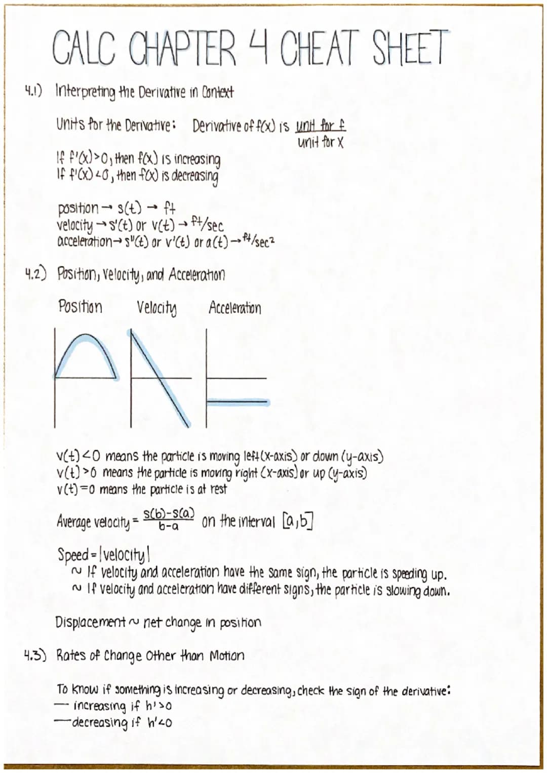 CALC CHAPTER 4 CHEAT SHEET
4.1) Interpreting the Derivative in Context
Units for the Derivative: Derivative of f(x) is unit for £
unit for X