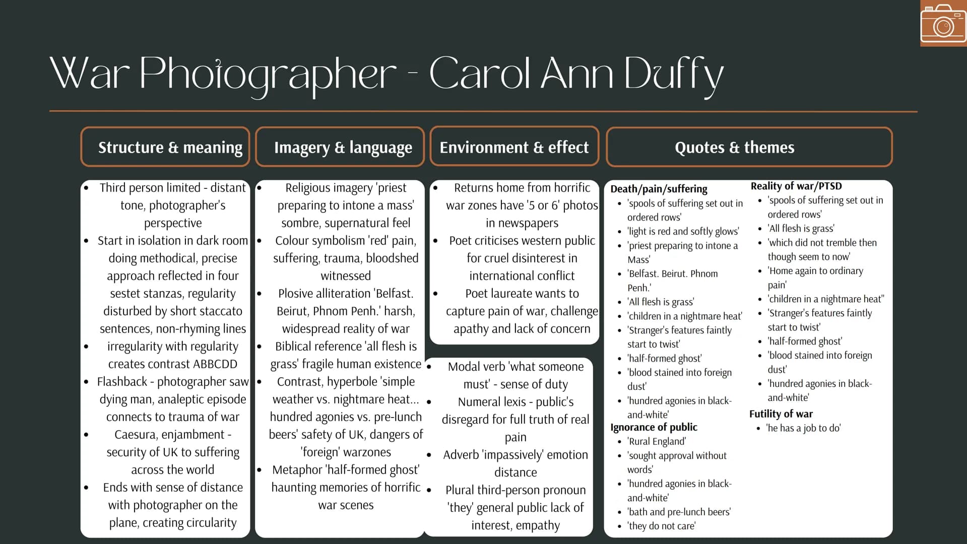 War Photographer - Carol Ann Duffy
Structure & meaning
Third person limited - distant
tone, photographer's
perspective
• Start in isolation 