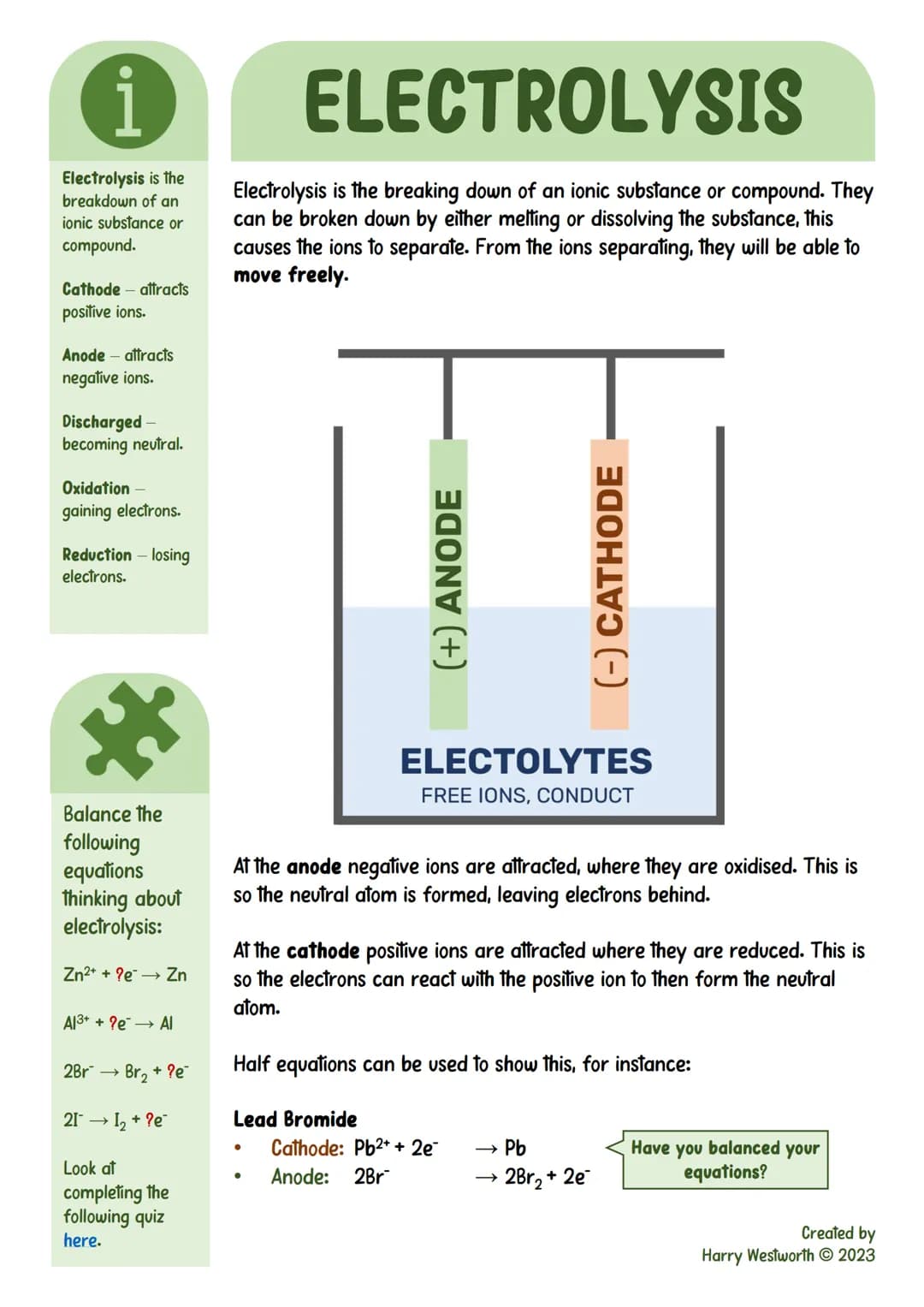 i
Electrolysis is the
breakdown of an
ionic substance or
compound.
Cathode attracts
positive ions.
Anode - attracts
negative ions.
Discharge