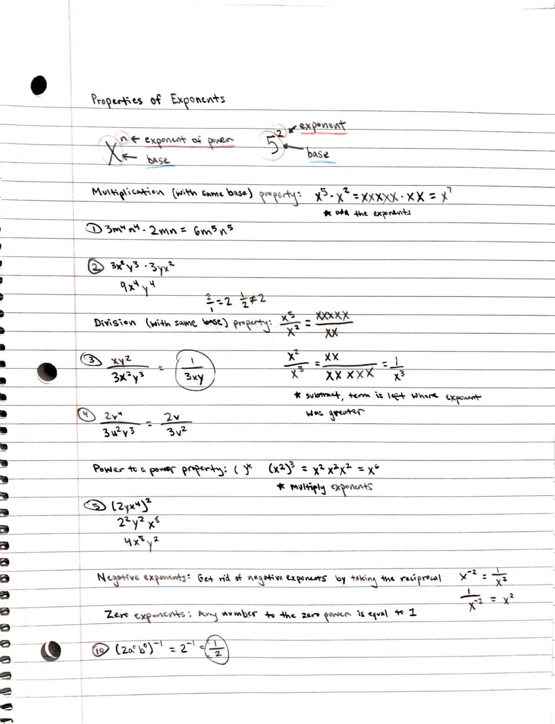 9
-
→
Properties of Exponents
nexponent of
XK base
3x² уз. Зух²
ахнуч
xy²
3x²y3
2
Multiplication (with same base) property: x5-x² = xxxxx ·×