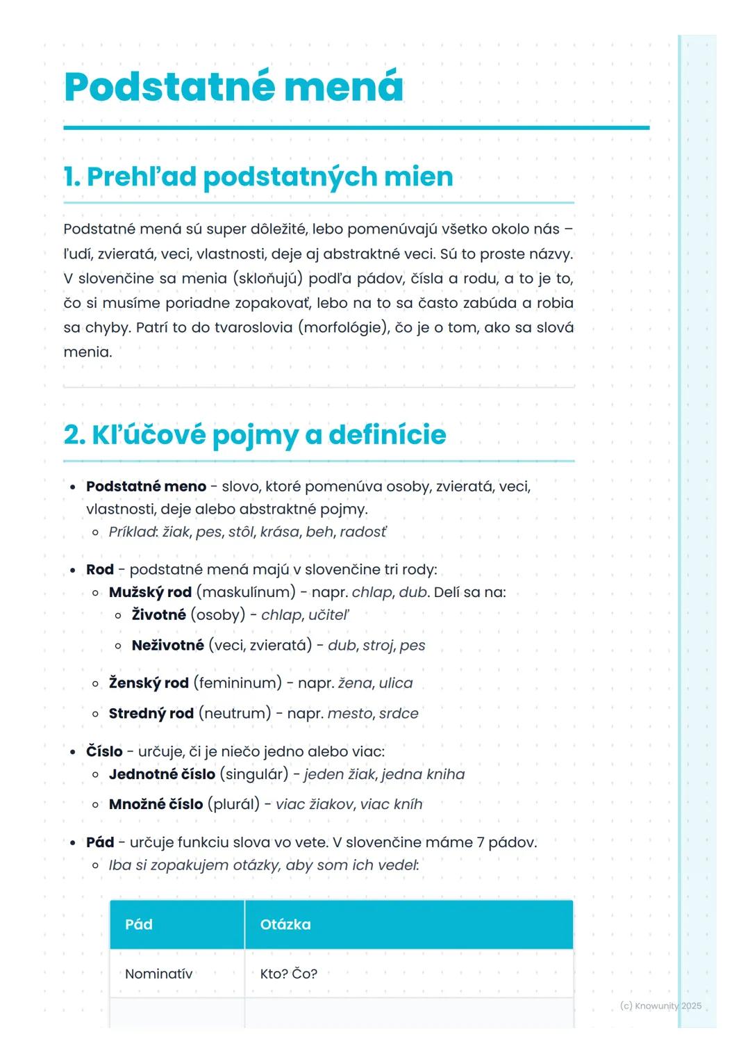 # Podstatné mená

## 1. Prehľad podstatných mien

Podstatné mená sú super dôležité, lebo pomenúvajú všetko okolo nás
ľudí, zvieratá, veci, v