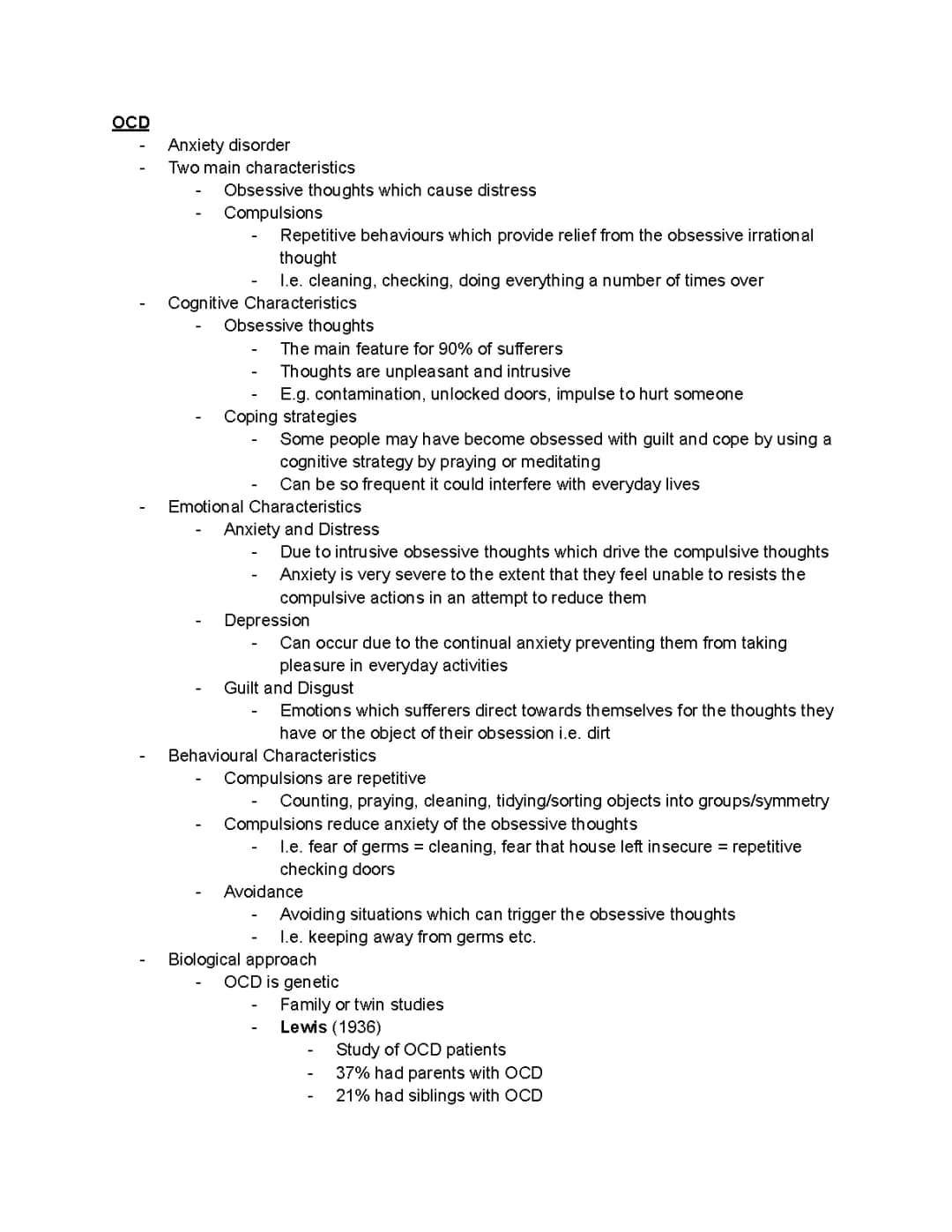 Psychopathology - Biological explanations for OCD