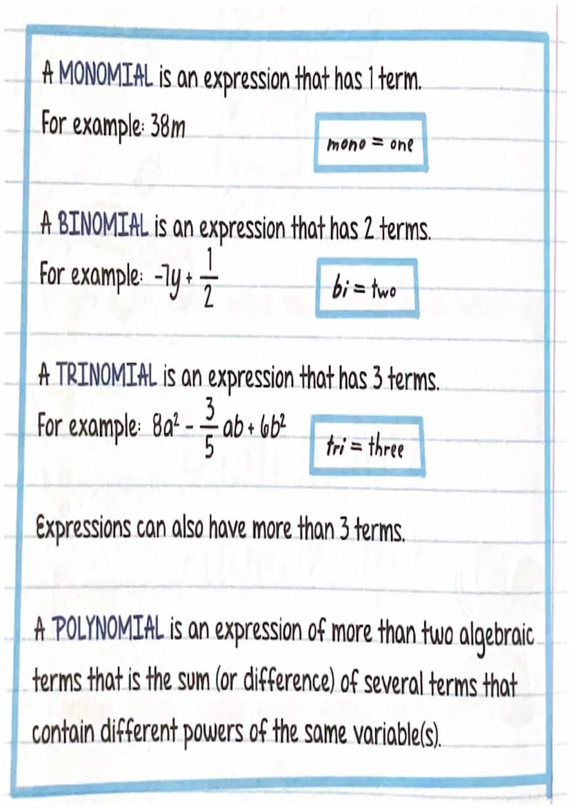 MONOMIAL
MONOMIAL
YMONGMAL
TT
MONOMIAL
BINOMIAL:
A TYPE OF
POLYNOMIAL
Examples of polynomials:
38m -7y + 1/1/2
3
8a²- ²/2ab +66²
9
√3 xy₂³ -
