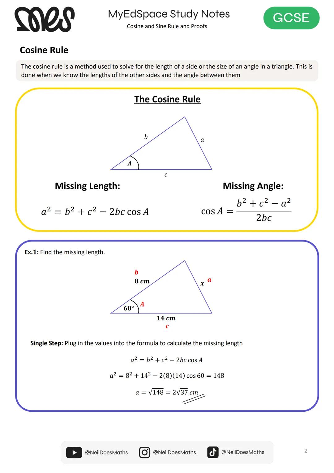 myedspace.co.uk
MATHS
Study Notes
Cosine and Sine Rule
and Proofs
GCSE
moes mes
MyEdSpace Study Notes
Cosine and Sine Rule and Proofs
Cosine