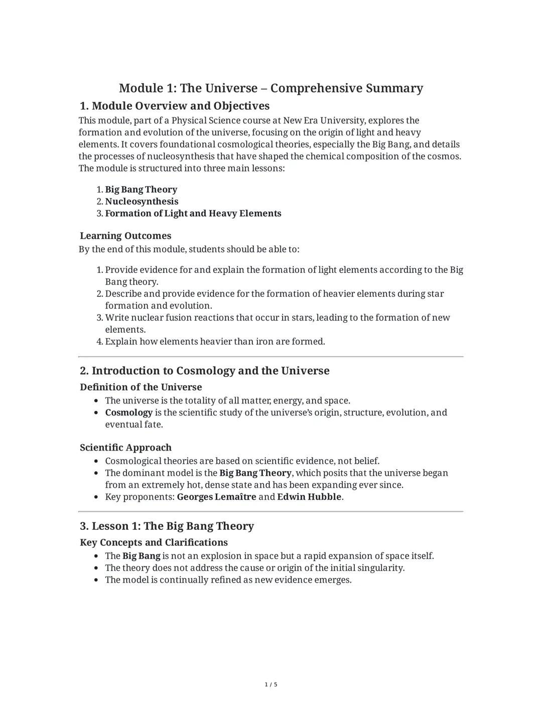 # Module 1: The Universe - Comprehensive Summary

## 1. Module Overview and Objectives

This module, part of a Physical Science course at Ne