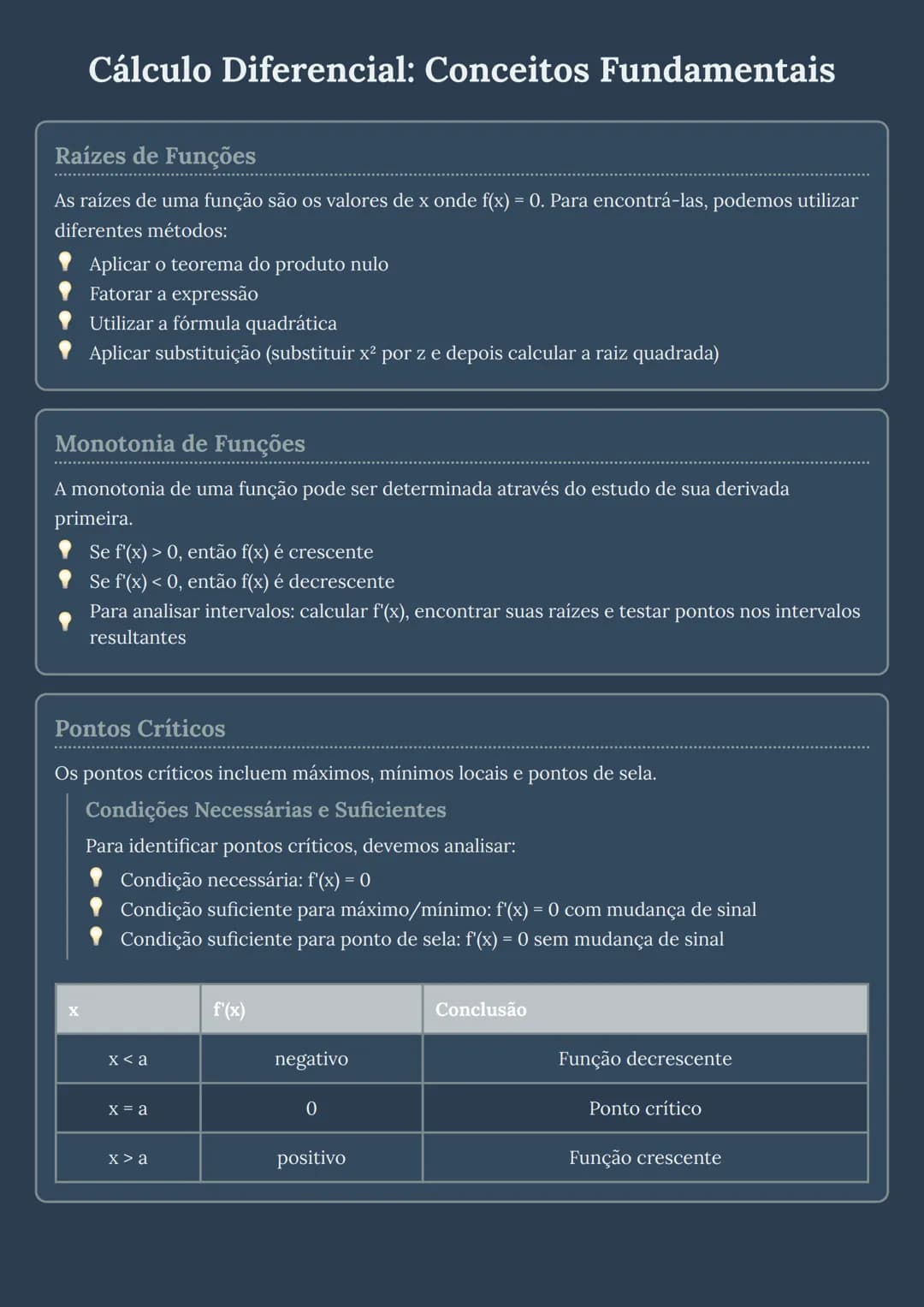 # Cálculo Diferencial: Conceitos Fundamentais

## Raízes de Funções

As raízes de uma função são os valores de x onde f(x) = 0. Para encontr