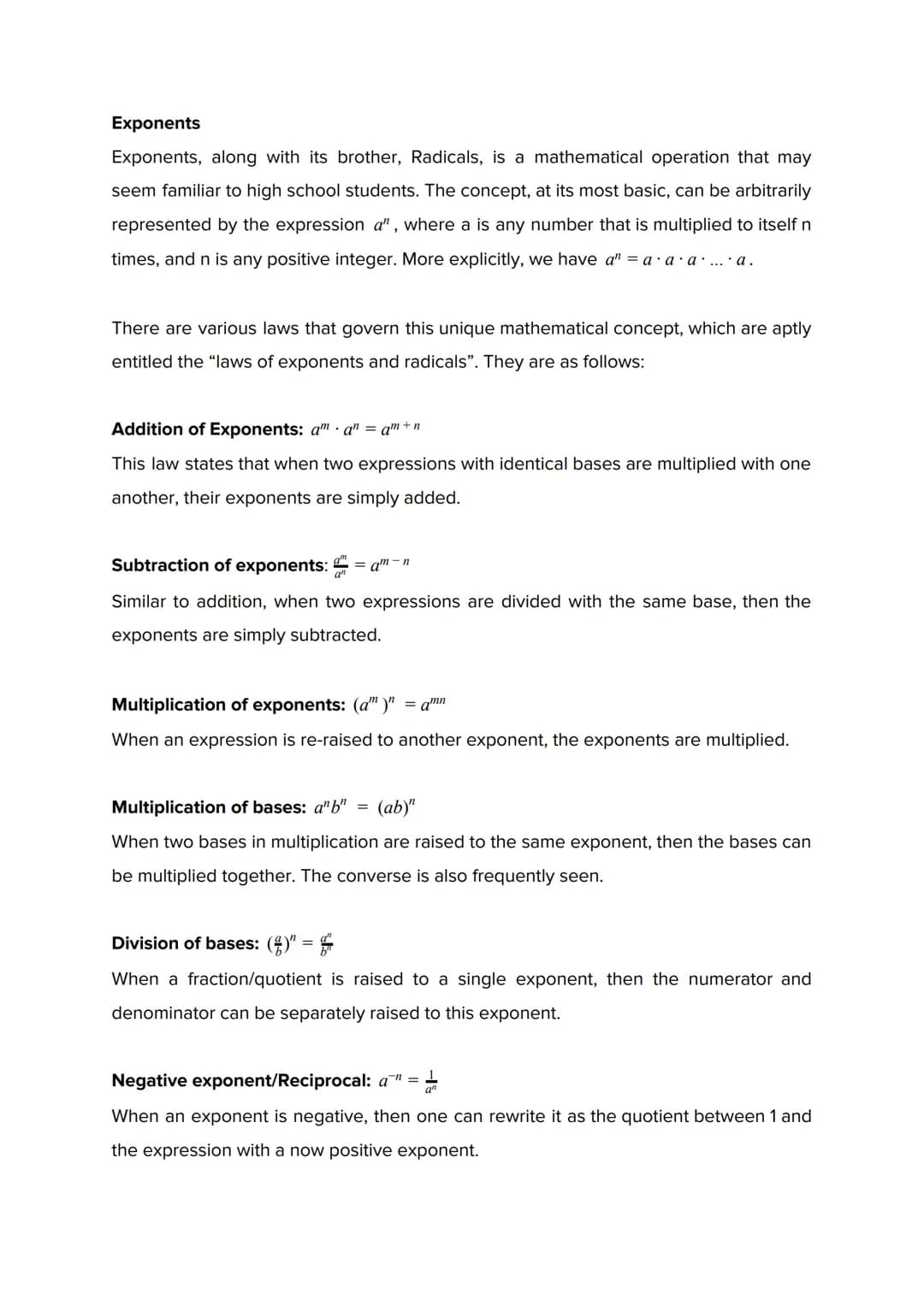 Exponents
Exponents, along with its brother, Radicals, is a mathematical operation that may
seem familiar to high school students. The conce