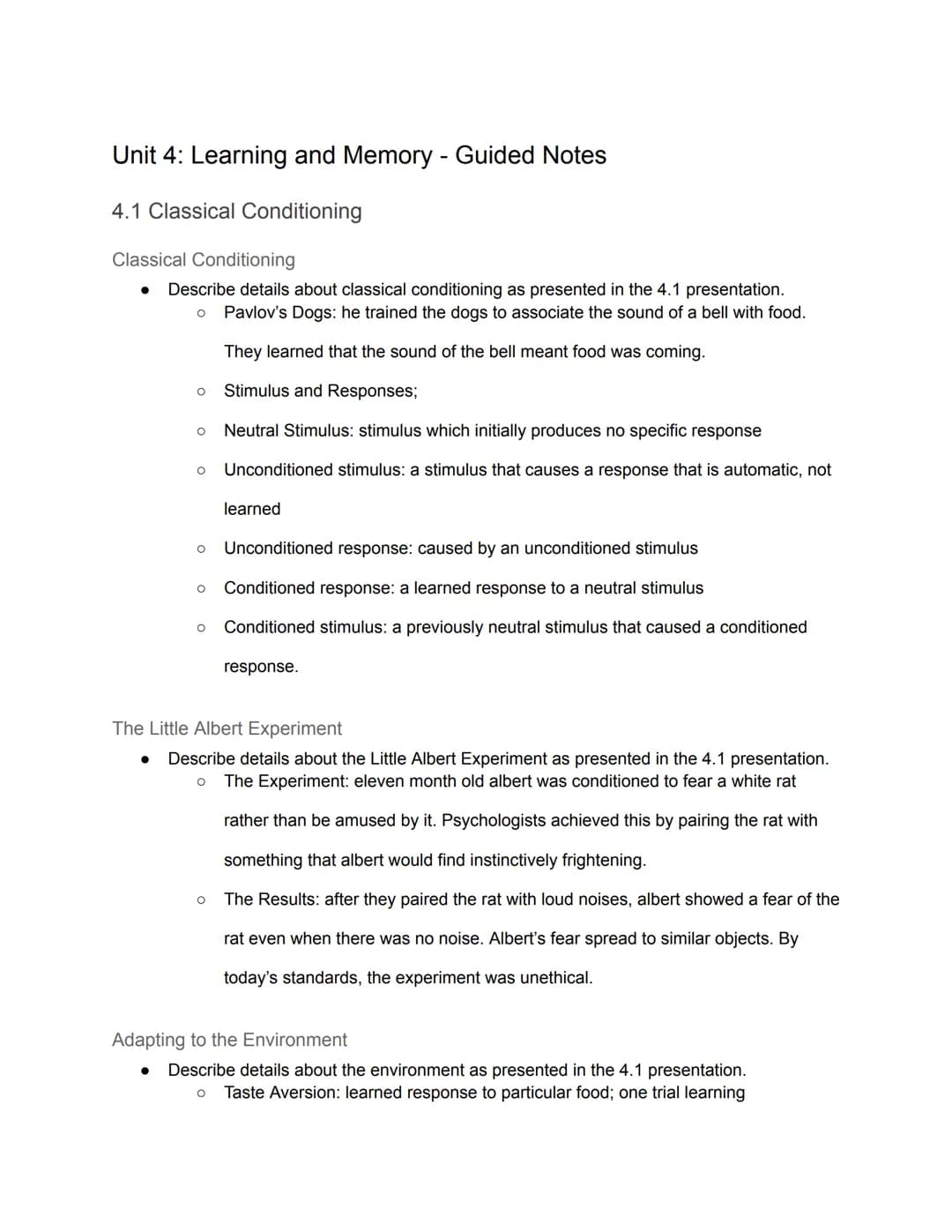 Unit 4: Learning and Memory - Guided Notes
4.1 Classical Conditioning
Classical Conditioning
● Describe details about classical conditioning