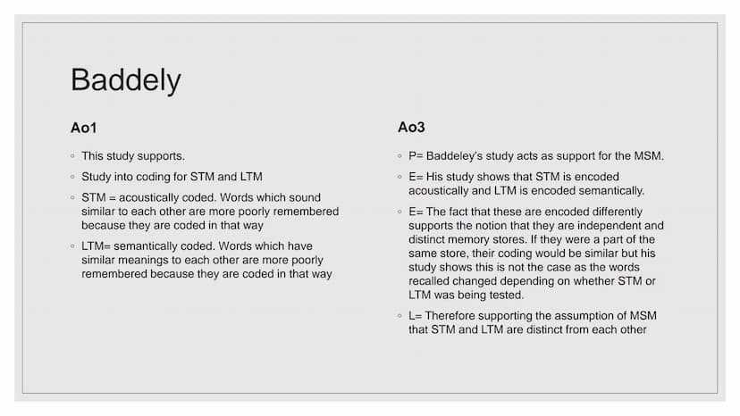 MULTI-STORE MODEL
OF MEMORY (MSM)
EVALUATION AO3
966 Glanzer and Cunitz 1966
Ao1
• This research supports the MSM
• Procedure: participants 