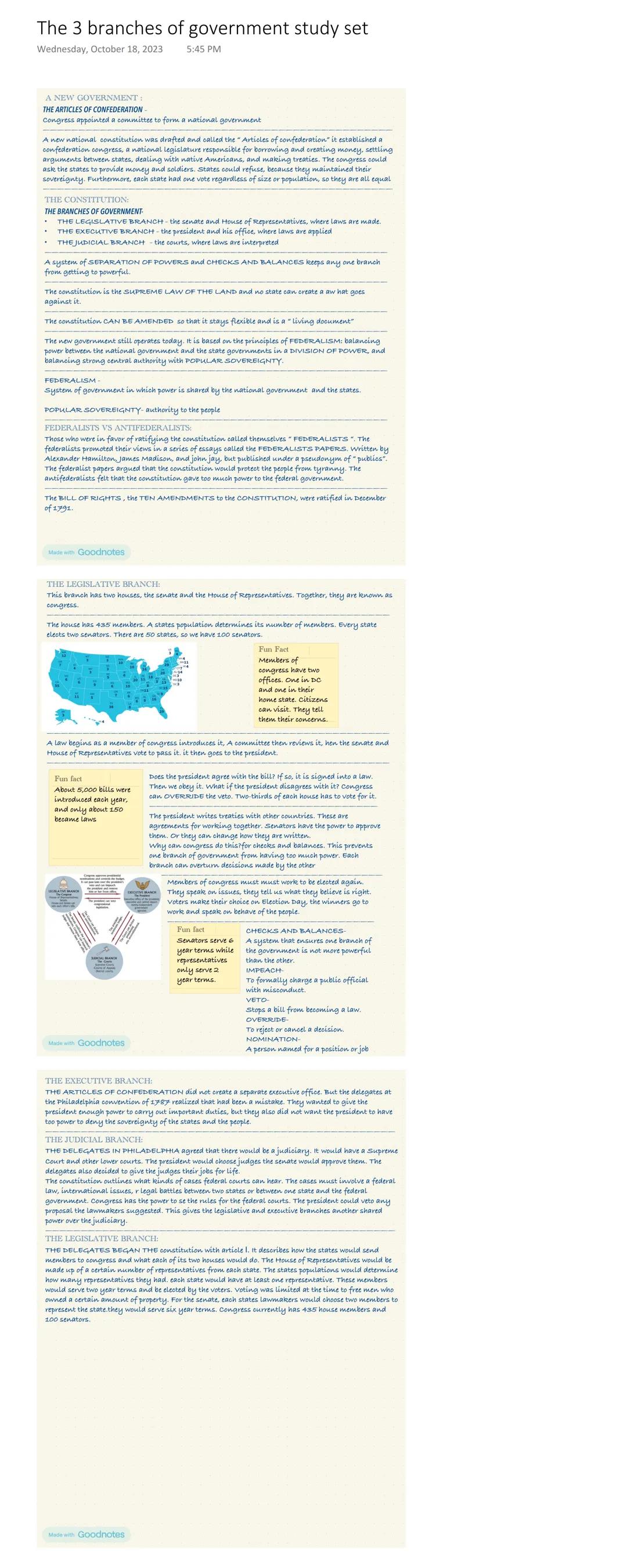 The 3 branches of government study set
Wednesday, October 18, 2023
A NEW GOVERNMENT:
THE ARTICLES OF CONFEDERATION -
Congress appointed a co