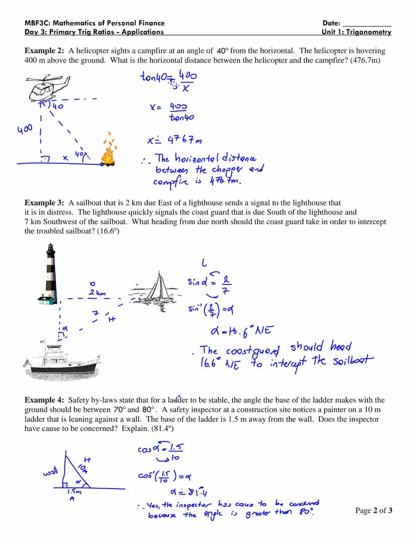 MBF3C: Mathematics of Personal Finance
Day 3: Primary Trig Ratios - Applications
angle of elevation
angle of depression
object
ANGLES OF ELE