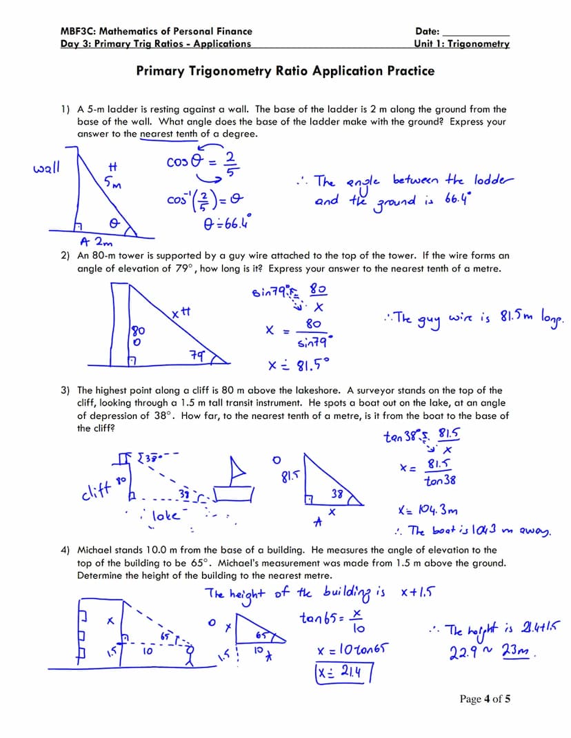 MBF3C: Mathematics of Personal Finance
Day 3: Primary Trig Ratios - Applications
angle of elevation
angle of depression
object
ANGLES OF ELE
