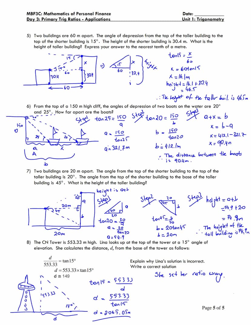 MBF3C: Mathematics of Personal Finance
Day 3: Primary Trig Ratios - Applications
angle of elevation
angle of depression
object
ANGLES OF ELE