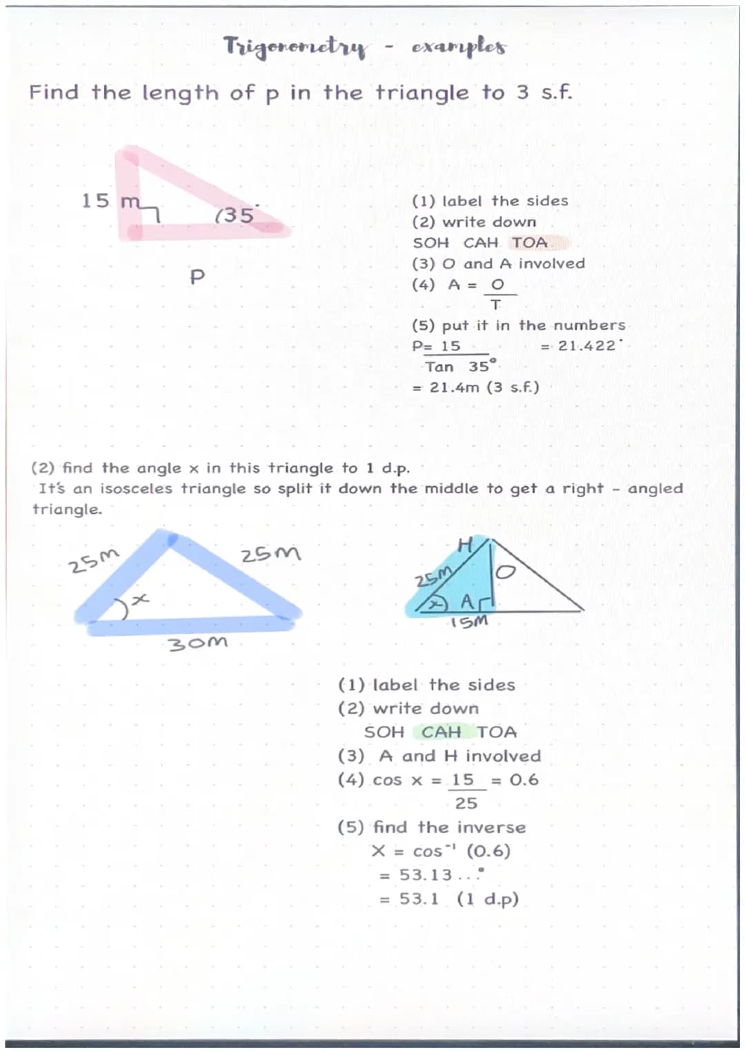 Trigonometry -
Sin x = opposite Cos x = adjacent
Hypotenuse.
Opposite
(0)
Hypotenuse
• the hypotenuse is the longest side.
• the opposite is