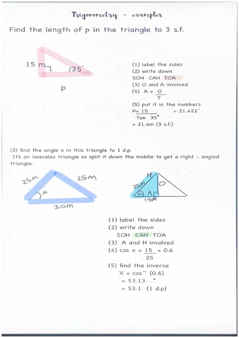 Trigonometry -
Sin x = opposite Cos x = adjacent
Hypotenuse.
Opposite
(0)
Hypotenuse
• the hypotenuse is the longest side.
• the opposite is
