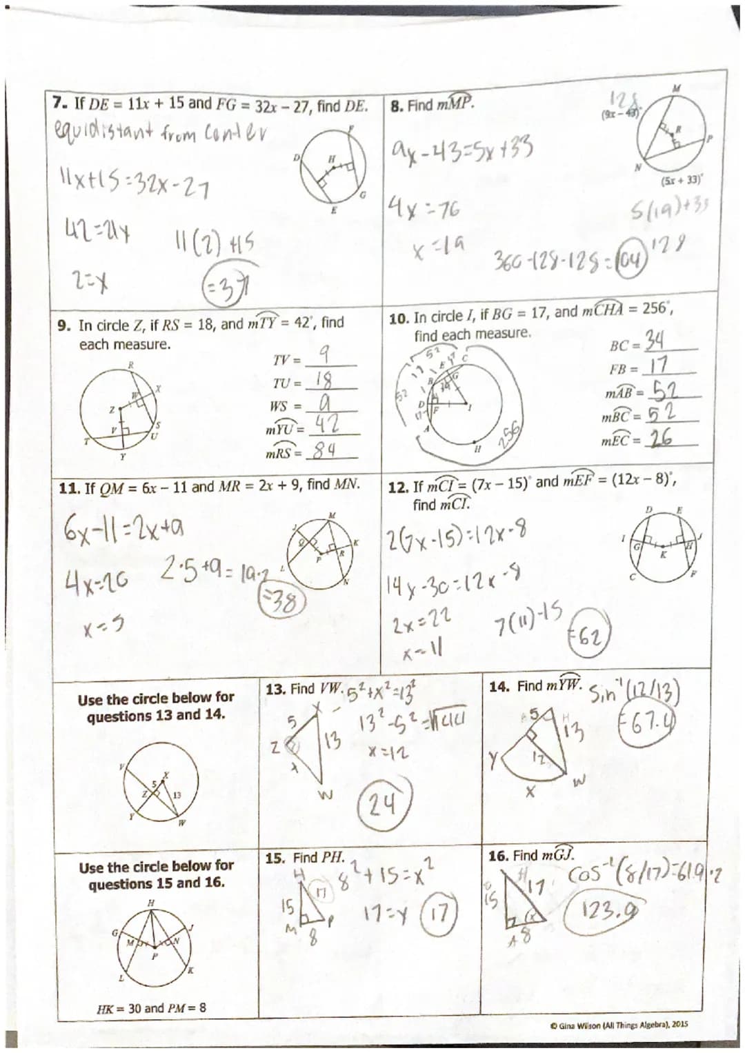 Topic:
Main Ideas/Questions
Congruent
Chords & Arcs
A
H
E
G
115=7x+24
7x=q1
X=13
3. Find XY.
B
5. Find x.
D
Directions: Find the indicated v