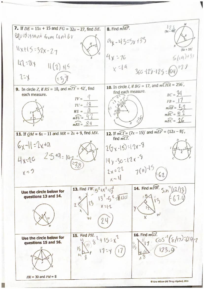 Topic:
Main Ideas/Questions
Congruent
Chords & Arcs
A
H
E
G
115=7x+24
7x=q1
X=13
3. Find XY.
B
5. Find x.
D
Directions: Find the indicated v