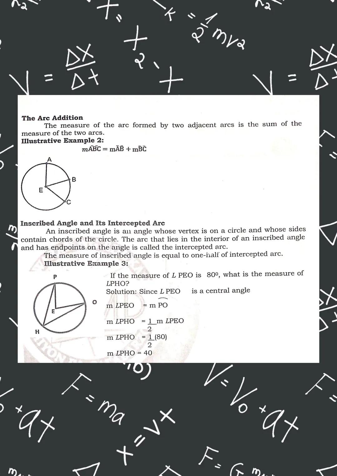 A circle is a set of points on a given plane, which is equidistant from a
fixed point called the center.
The Central Angle -Intercepted Arc
