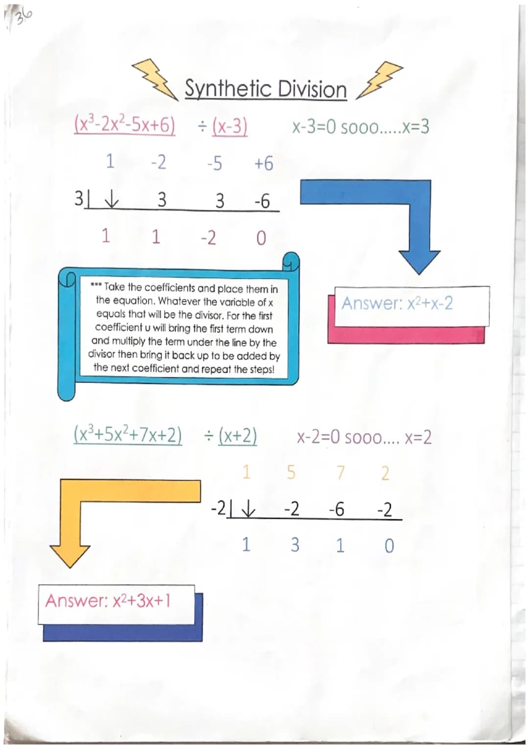 (x³-2x²-5x+6)
1 -2
3
3 ↓
1
1
Synthetic Division
+ (x-3) x-3=0 sooo.....Xx=3
-5 +6
3 -6
-2 0
Take the coefficients and place them in
the equa