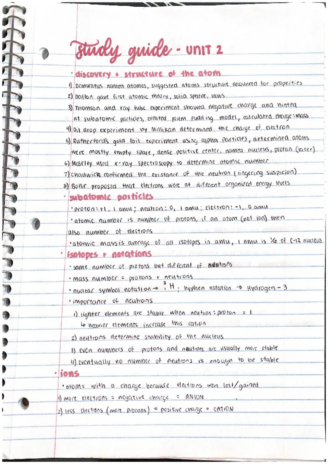 study guide-
UNIT 2
• discovery structure of the atom
Demuratus named atomos, suggested atoms structure accounted for properties
2) Dalton g