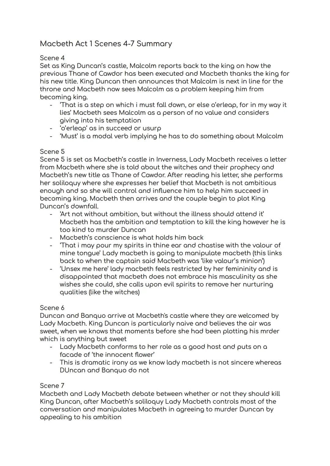 Macbeth Act 1 Scenes 4-7 Summary
Scene 4
Set as King Duncan's castle, Malcolm reports back to the king on how the
previous Thane of Cawdor h