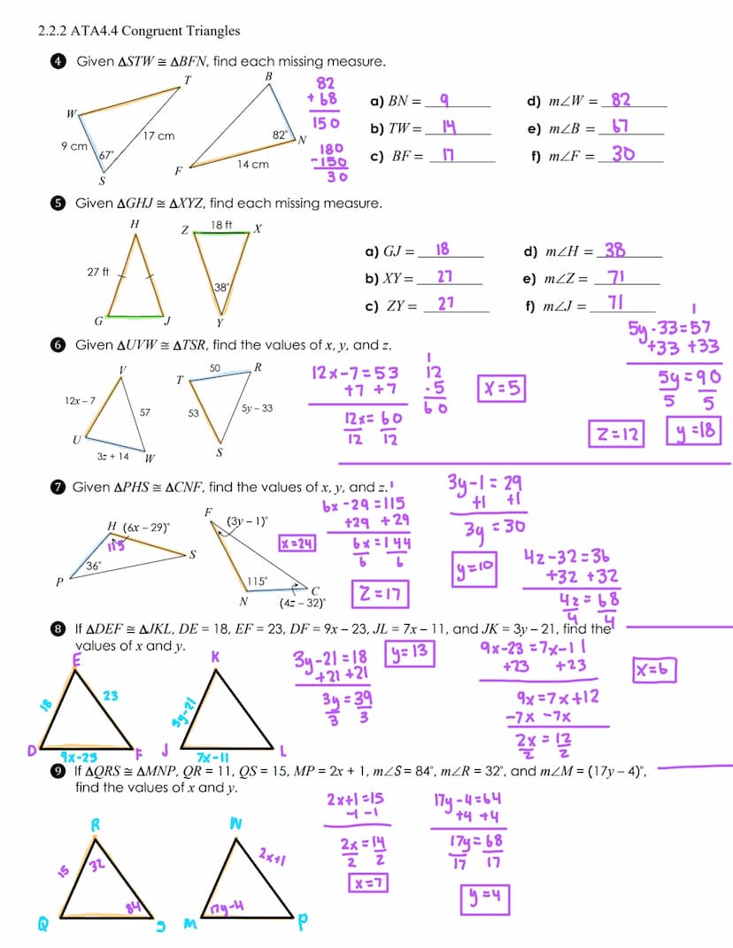2.2.2 ATA4.4 Congruent Triangles
Name:
Date:
Aim: What are congruent Triangles? How do we label them, represent them, identify their parts a