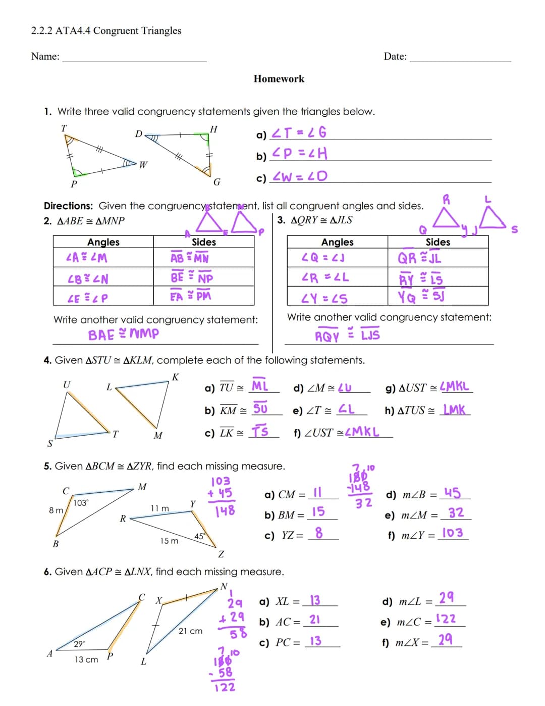 2.2.2 ATA4.4 Congruent Triangles
Name:
Date:
Aim: What are congruent Triangles? How do we label them, represent them, identify their parts a