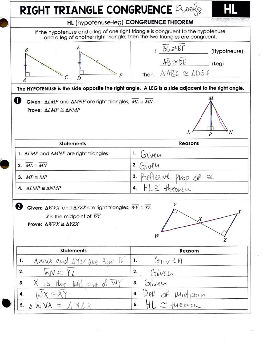 Right triangle congruence proofs