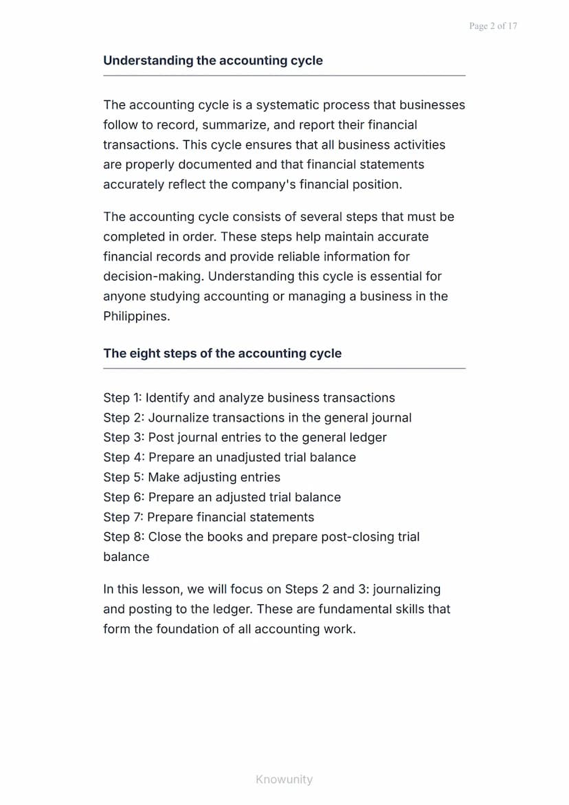 The Accounting Cycle: Journalizing and Posting to the
Ledger
Master the first two steps of the accounting
cycle process
What you will learn
