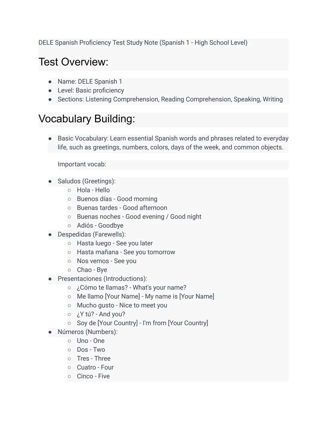 
<h2 id="testoverview">Test Overview</h2>
<p>The DELE Spanish 1 test assesses basic proficiency in four sections: Listening Comprehension, R