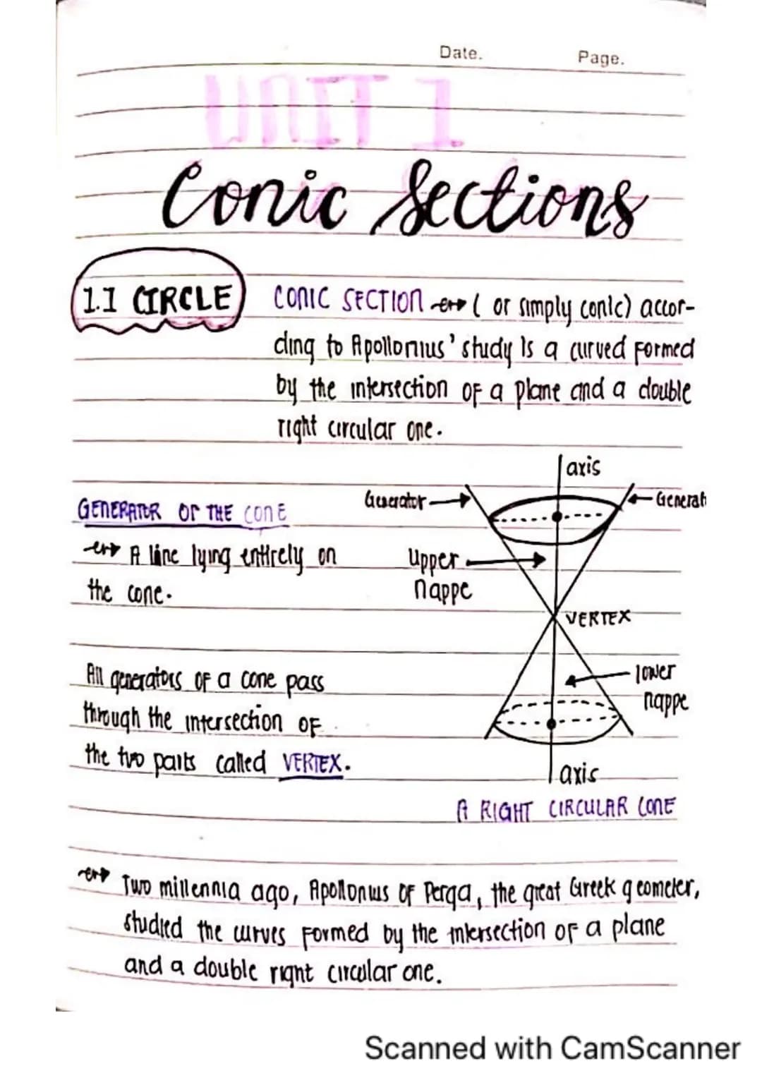 GENERATOR OF THE CONE
eve A line lying entirely on
the cone
Conic Sections
11 CIRCLE) CONIC SECTION ( or simply conic) accor-
cling to Apoll