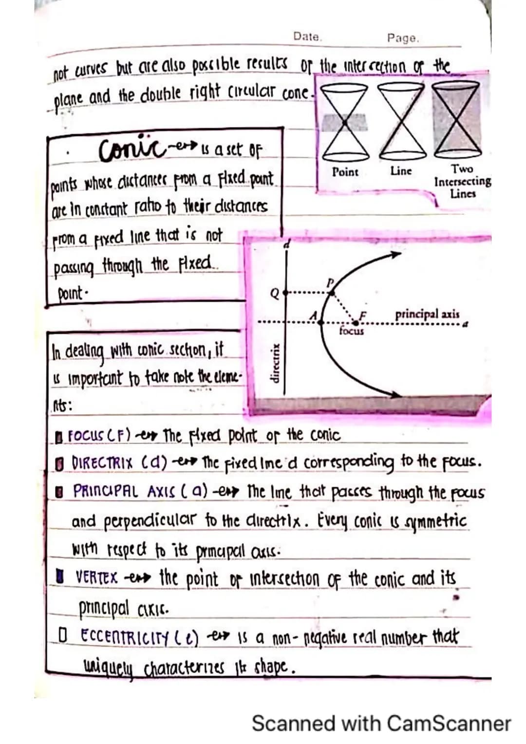 GENERATOR OF THE CONE
eve A line lying entirely on
the cone
Conic Sections
11 CIRCLE) CONIC SECTION ( or simply conic) accor-
cling to Apoll