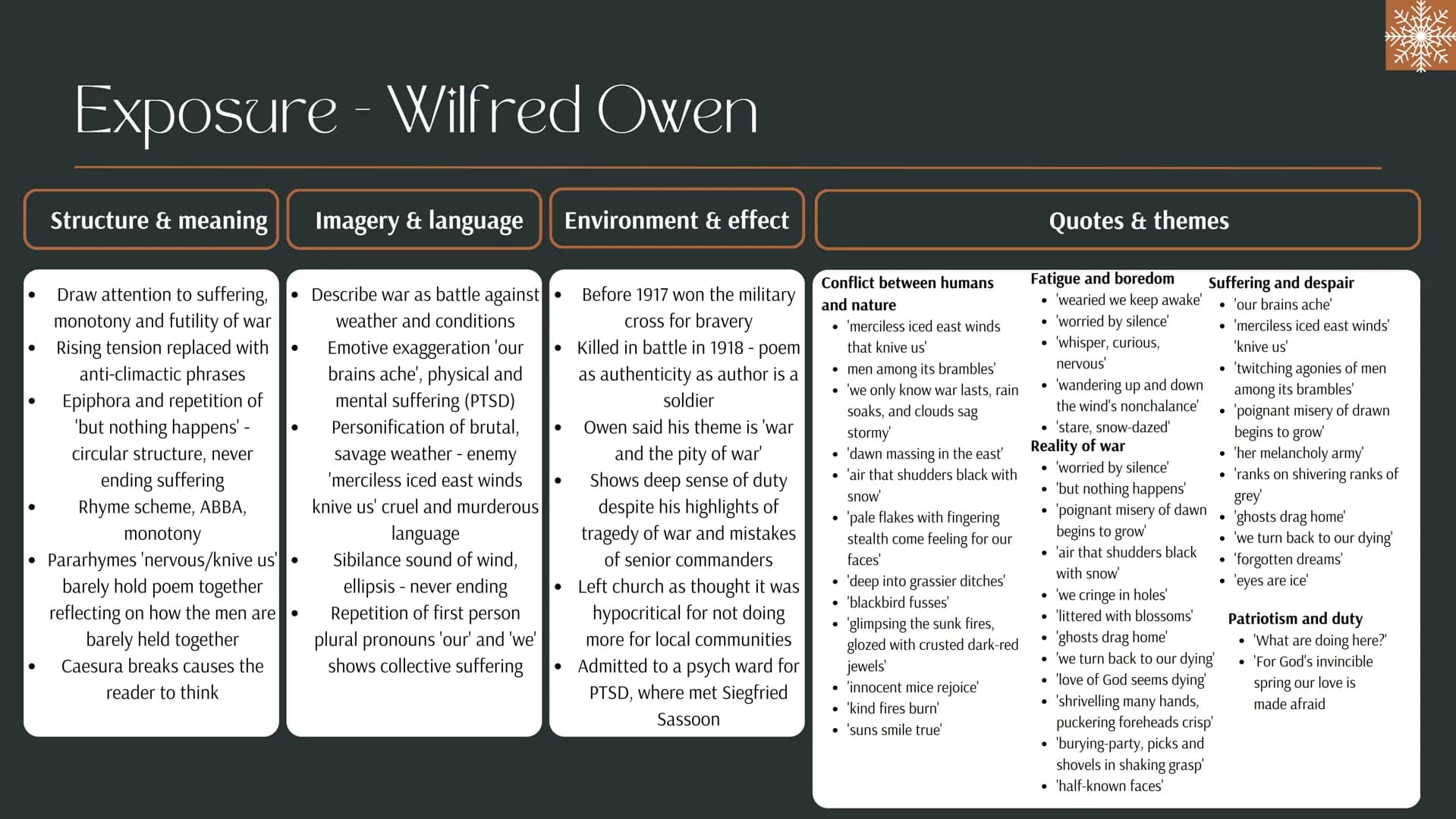 ●
Exposure - Wilfred Owen
Structure & meaning
Draw attention to suffering, • Describe war as battle against
monotony and futility of war
Ris
