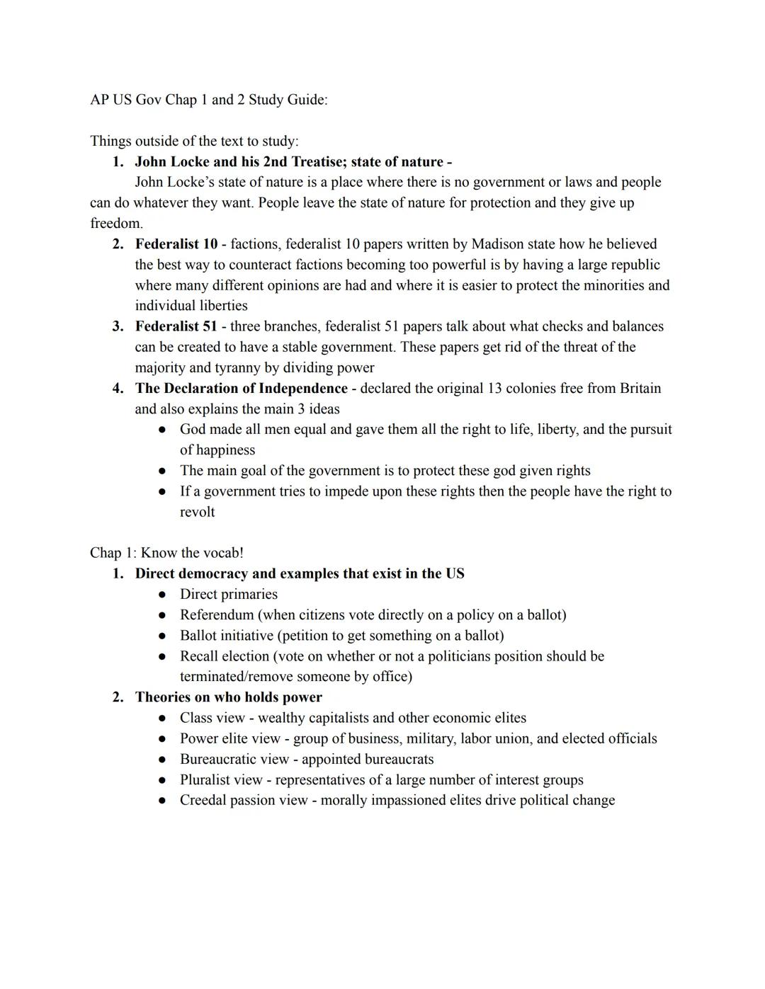 AP US Gov Chap 1 and 2 Study Guide:
Things outside of the text to study:
1. John Locke and his 2nd Treatise; state of nature -
John Locke's 