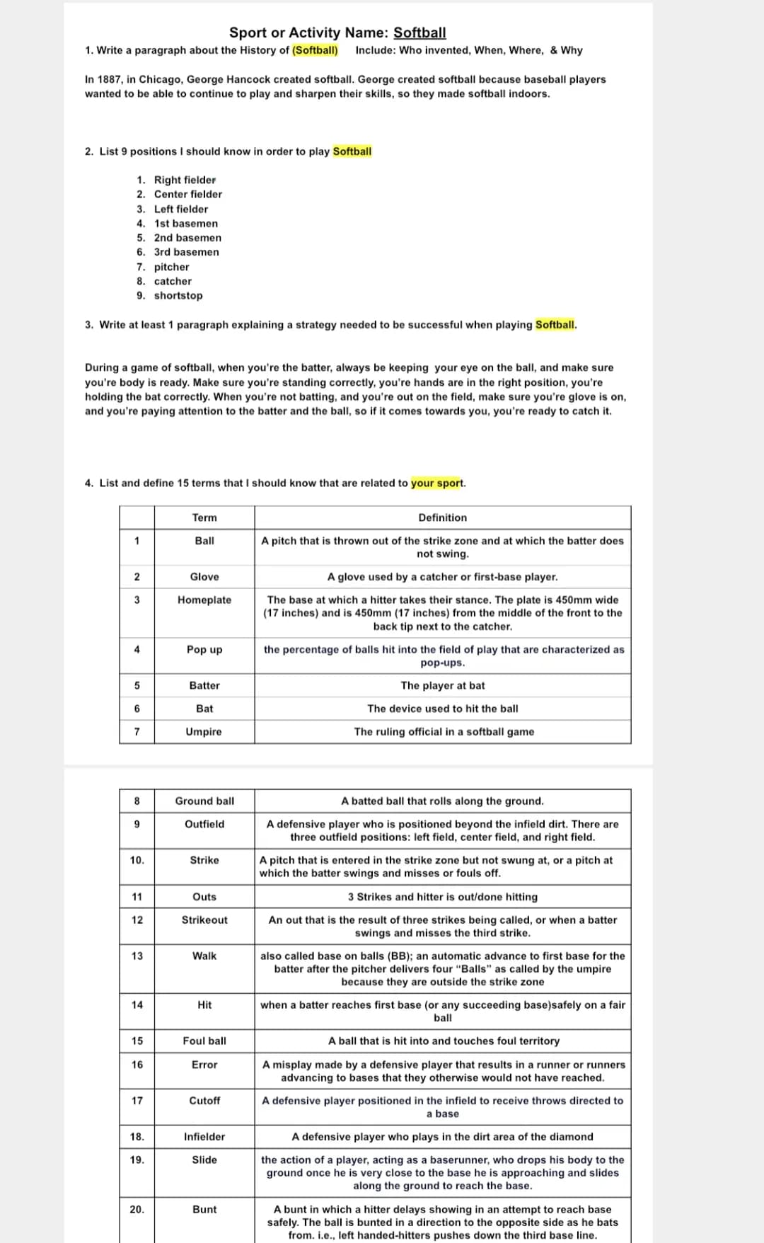 Softball Study Guide / Template
