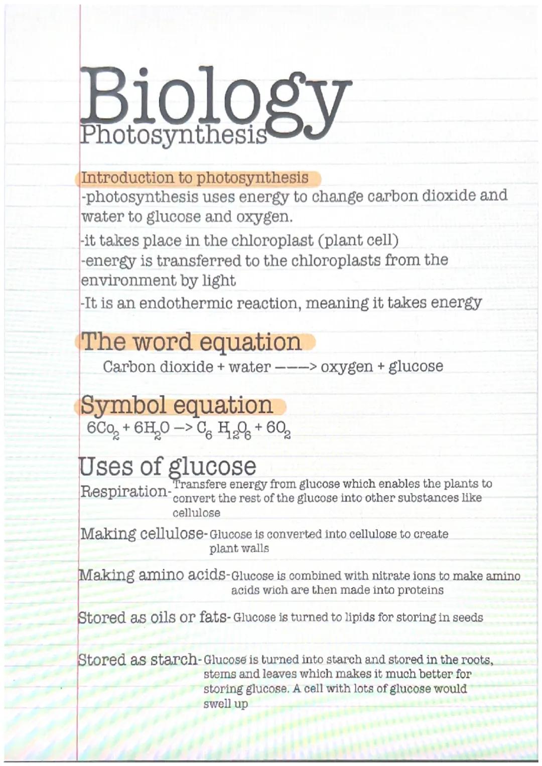 # Biology
Photosynthesis
Introduction to photosynthesis
-photosynthesis uses energy to change carbon dioxide and
water to glucose and oxygen