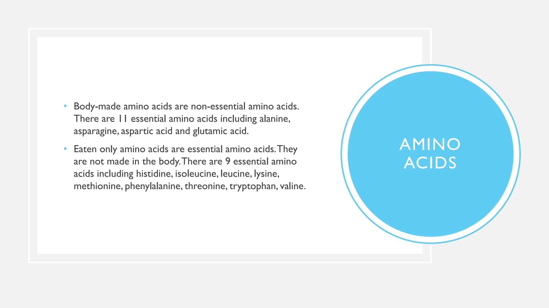 PROTEINS ●
●
Examples: meat, fish, dairy, nuts, seeds, beans
Uses: Growth - nails, hair, muscle mass. Repair - muscles,
tissues, organs. Mai