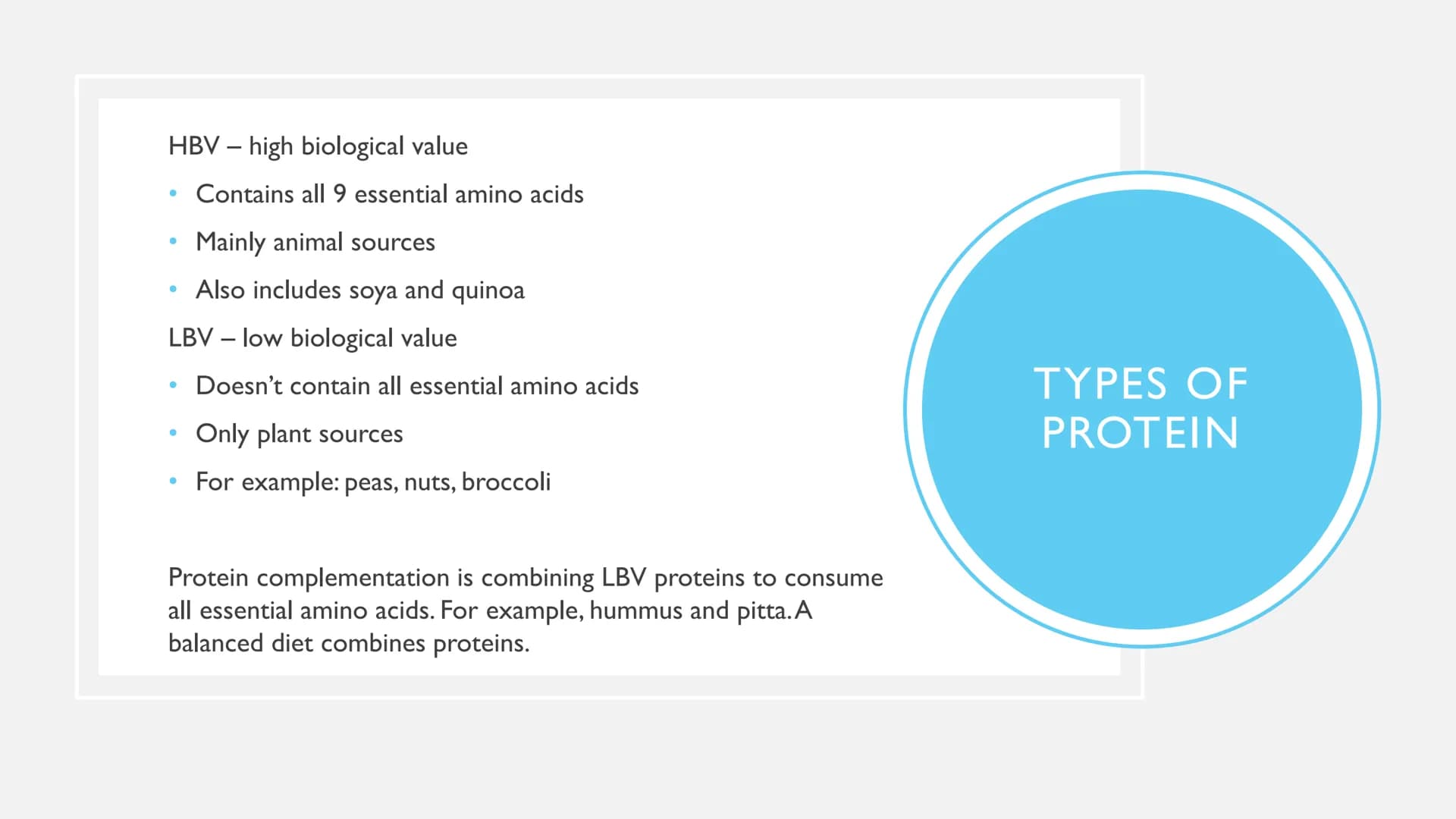 PROTEINS ●
●
Examples: meat, fish, dairy, nuts, seeds, beans
Uses: Growth - nails, hair, muscle mass. Repair - muscles,
tissues, organs. Mai