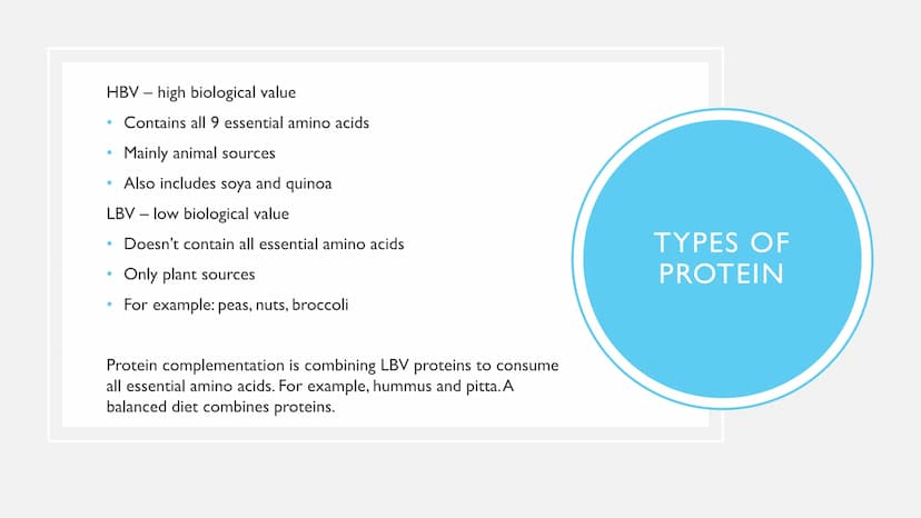 PROTEINS ●
●
Examples: meat, fish, dairy, nuts, seeds, beans
Uses: Growth - nails, hair, muscle mass. Repair - muscles,
tissues, organs. Mai