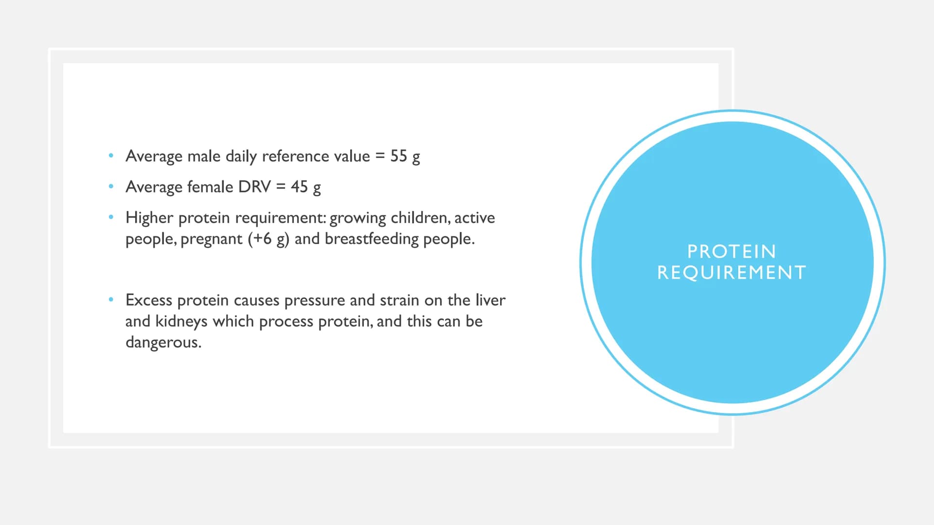PROTEINS ●
●
Examples: meat, fish, dairy, nuts, seeds, beans
Uses: Growth - nails, hair, muscle mass. Repair - muscles,
tissues, organs. Mai