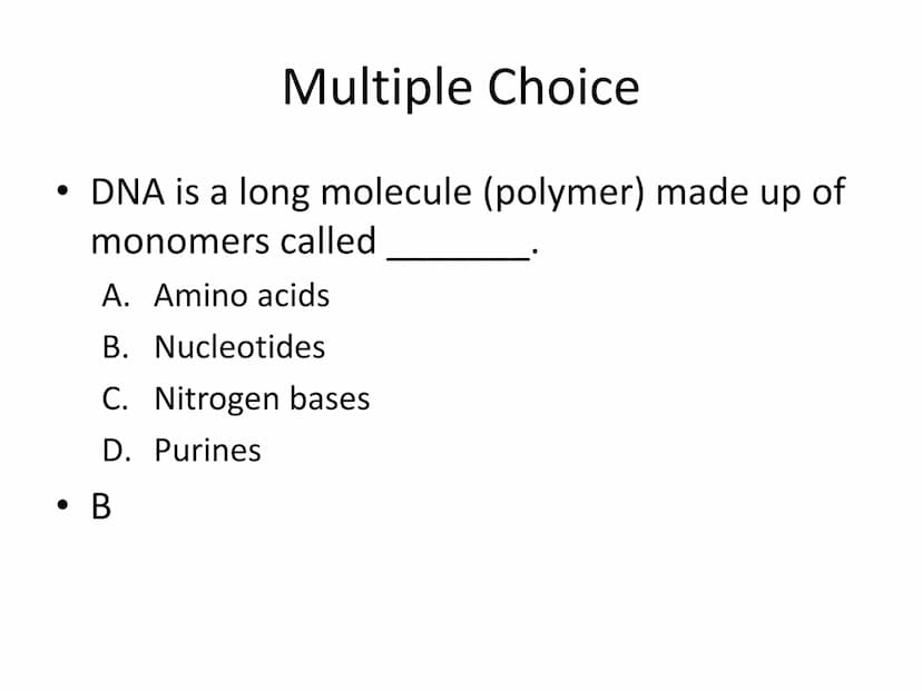 Unit 4 Test Review
The Molecular Basis of Heredity
These are sample test questions and not a complete test review. Multiple Choice
• DNA is 