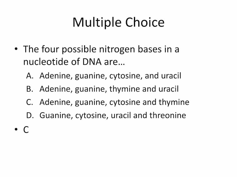 Unit 4 Test Review
The Molecular Basis of Heredity
These are sample test questions and not a complete test review. Multiple Choice
• DNA is 