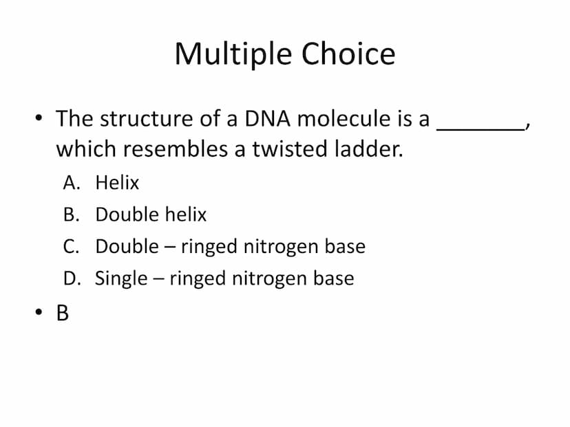 Unit 4 Test Review
The Molecular Basis of Heredity
These are sample test questions and not a complete test review. Multiple Choice
• DNA is 