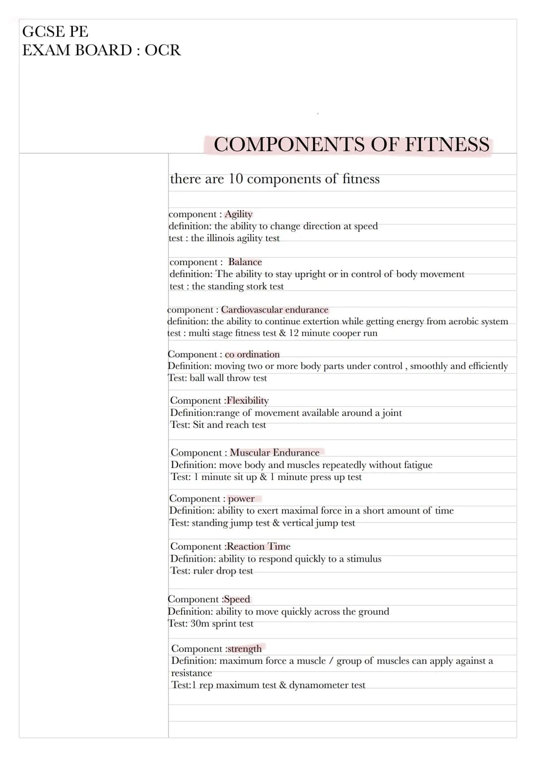 GCSE PE
EXAM BOARD: OCR
COMPONENTS OF FITNESS
there are 10 components of fitness
component: Agility
definition: the ability to change direct