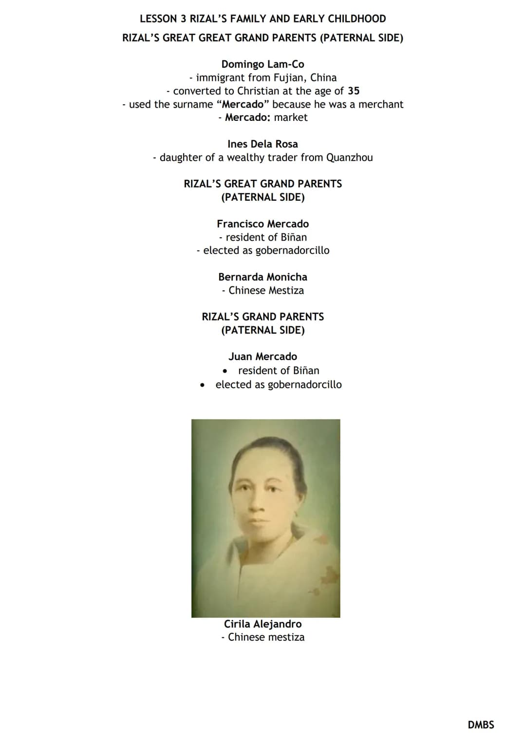 LESSON 3 RIZAL'S FAMILY AND EARLY CHILDHOOD
RIZAL'S GREAT GREAT GRAND PARENTS (PATERNAL SIDE)
Domingo Lam-Co
- immigrant from Fujian, China
