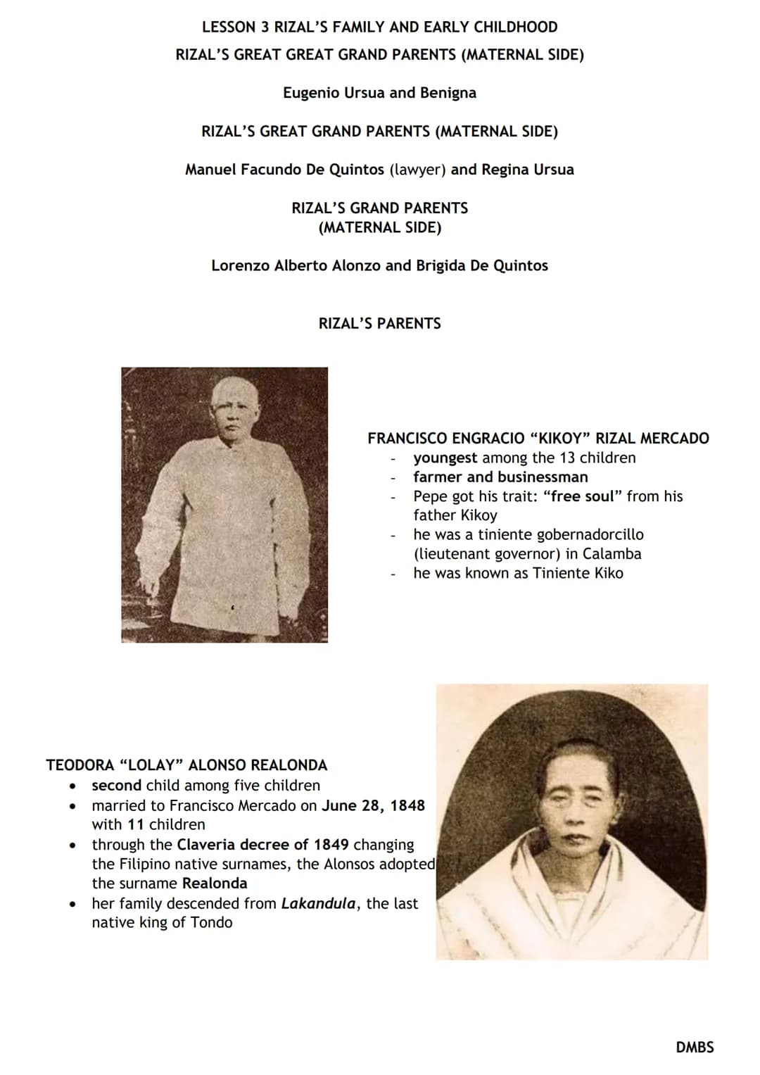 LESSON 3 RIZAL'S FAMILY AND EARLY CHILDHOOD
RIZAL'S GREAT GREAT GRAND PARENTS (PATERNAL SIDE)
Domingo Lam-Co
- immigrant from Fujian, China
