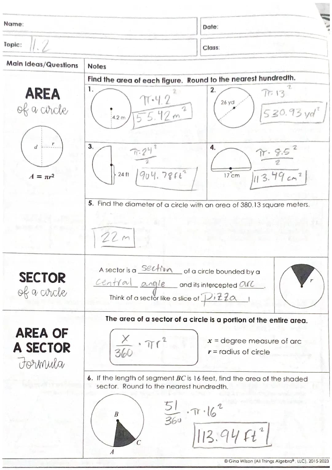 Area of a circle & sector